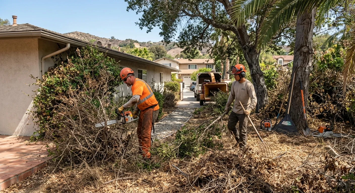 Overgrown brush and dry ground fuel crowding a residential Glendale backyard