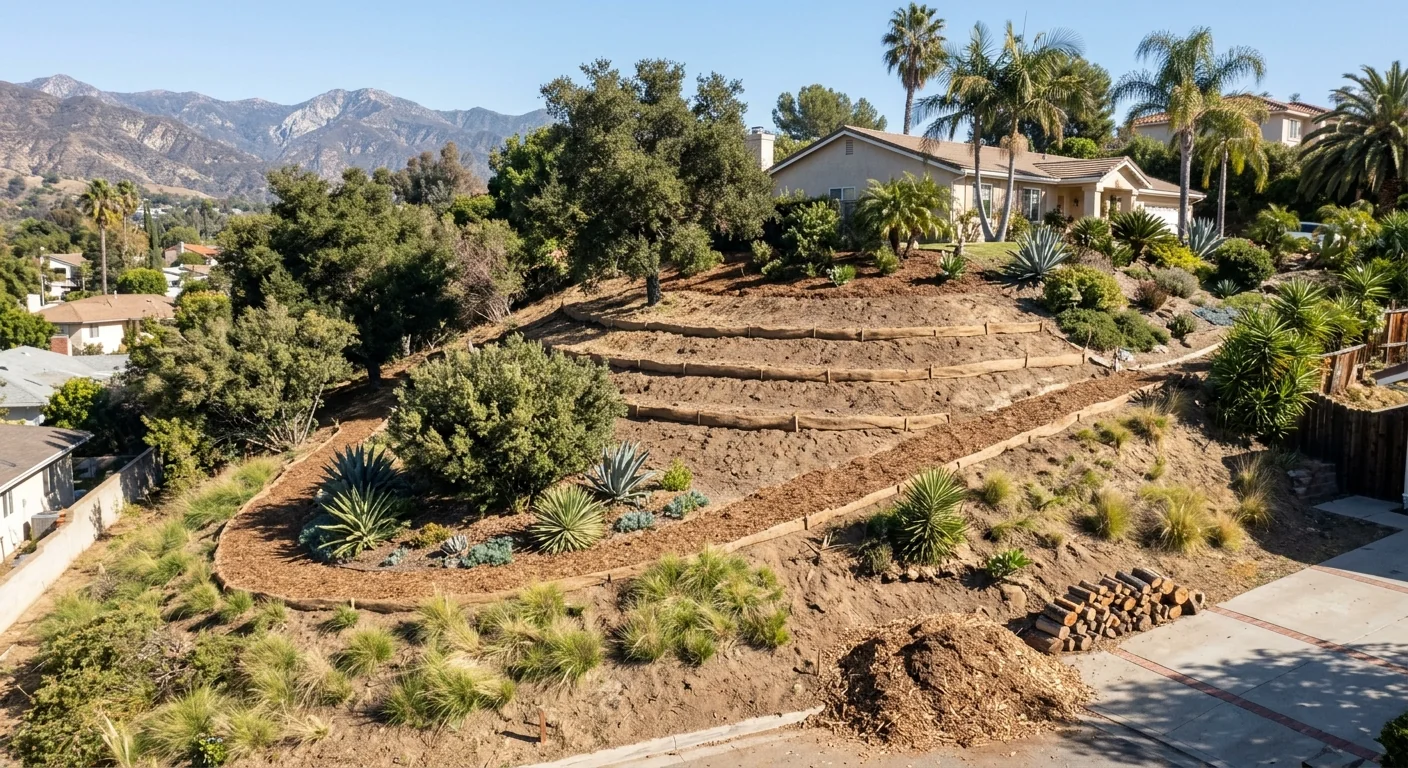 Backyard slope with selective brush clearing preserving stabilizing ground cover