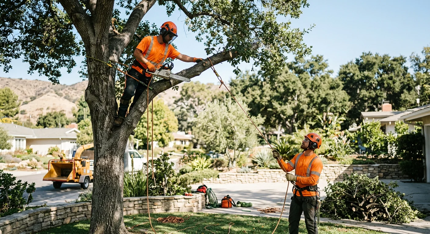 Crane lifting a large removed tree over a Glendale residential property