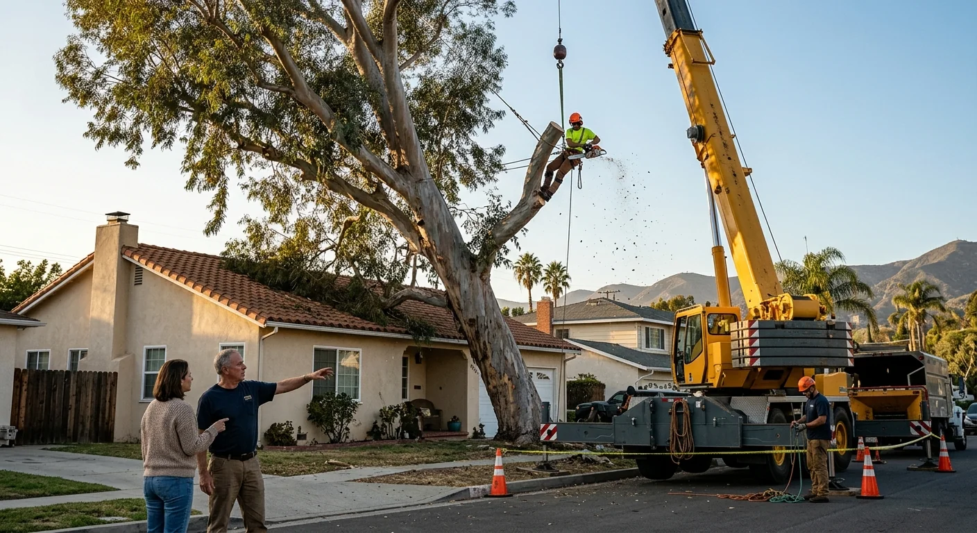 Large leaning tree over a Glendale rooftop needing crane removal