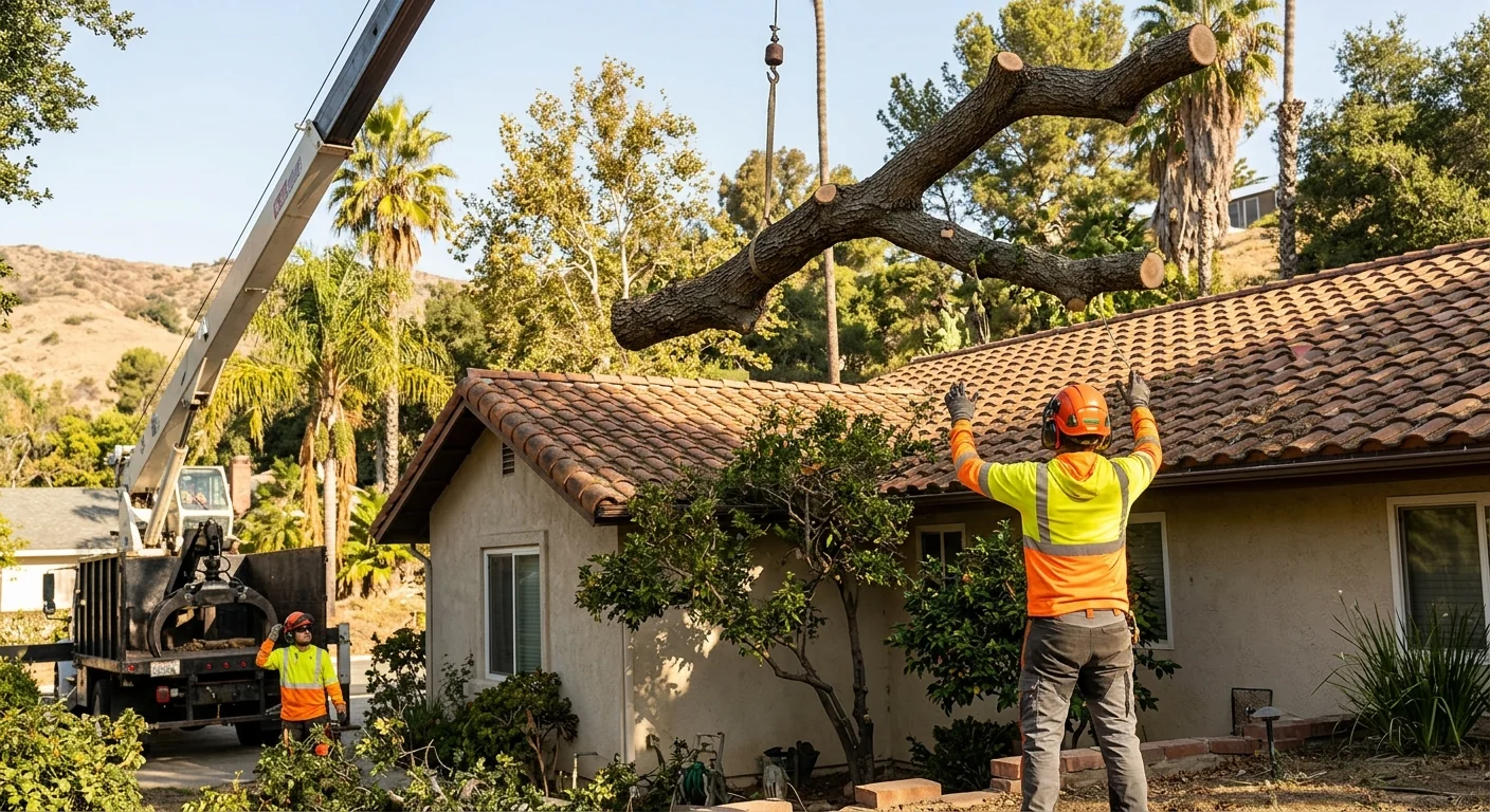 Arborist guiding a suspended oak limb away from a two-story roofline in a backyard