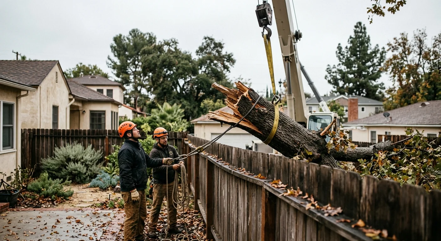 Crane holding a cracked storm-damaged tree section over a shared wooden fence line