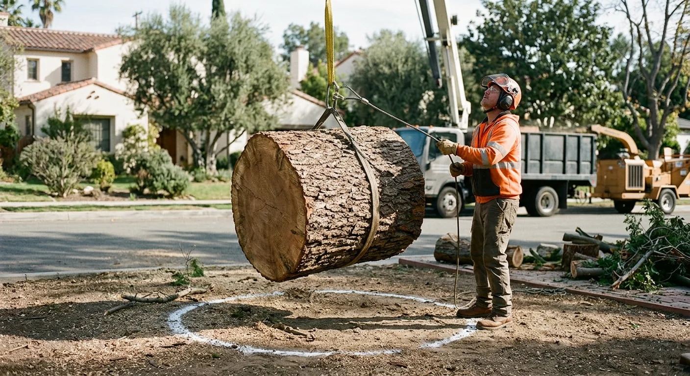Heavy trunk rounds lowered by crane into a marked ground drop zone on a compact lot