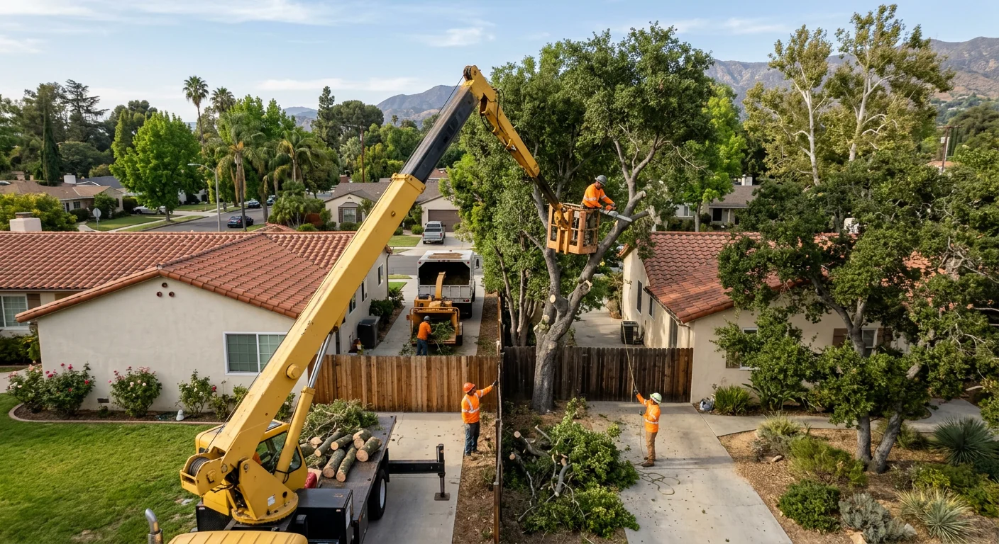 Crane clearing clustered boundary trees between two residential properties in sequence