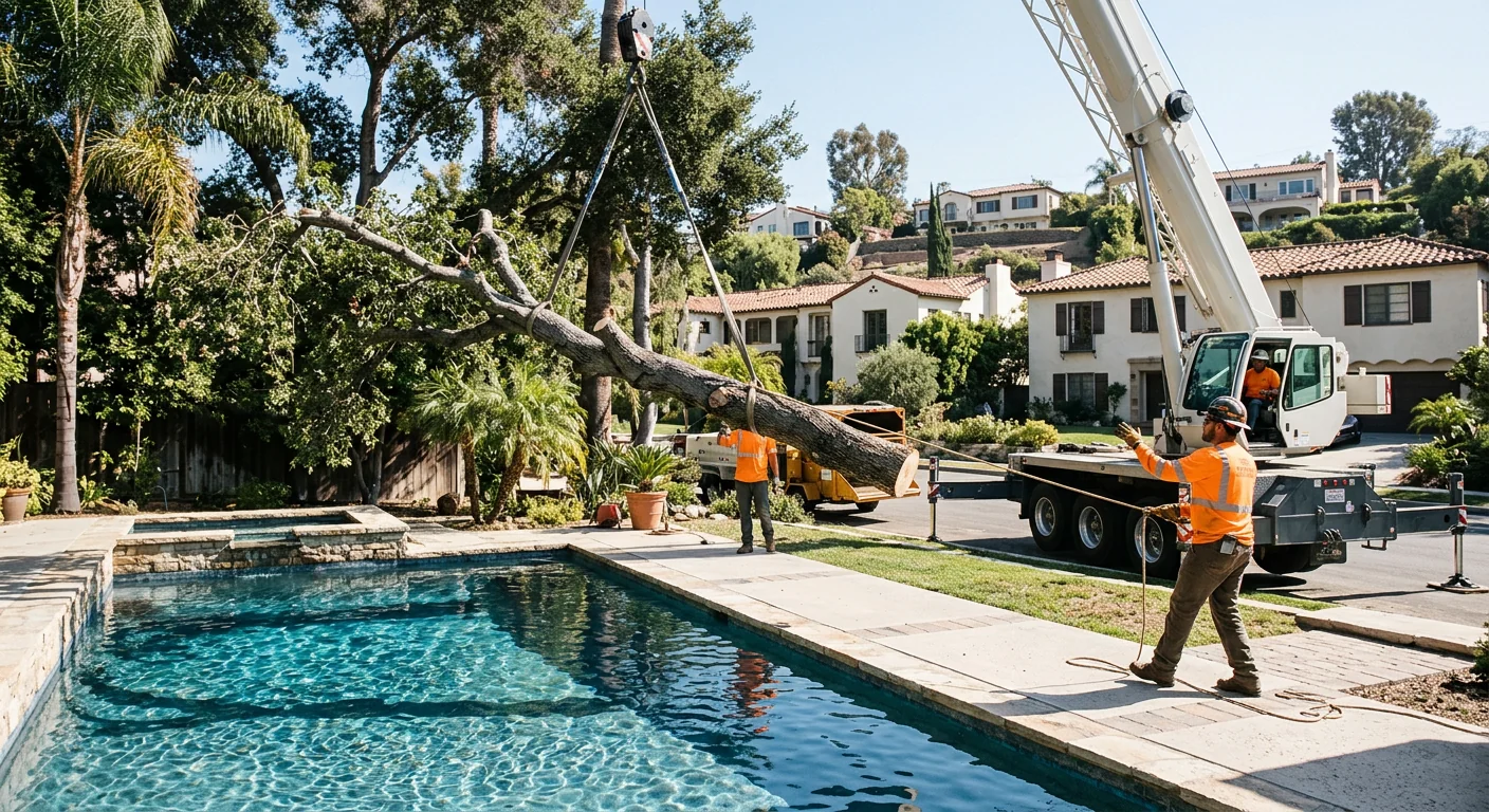Suspended tree limb held by crane cable being swung away from a backyard pool