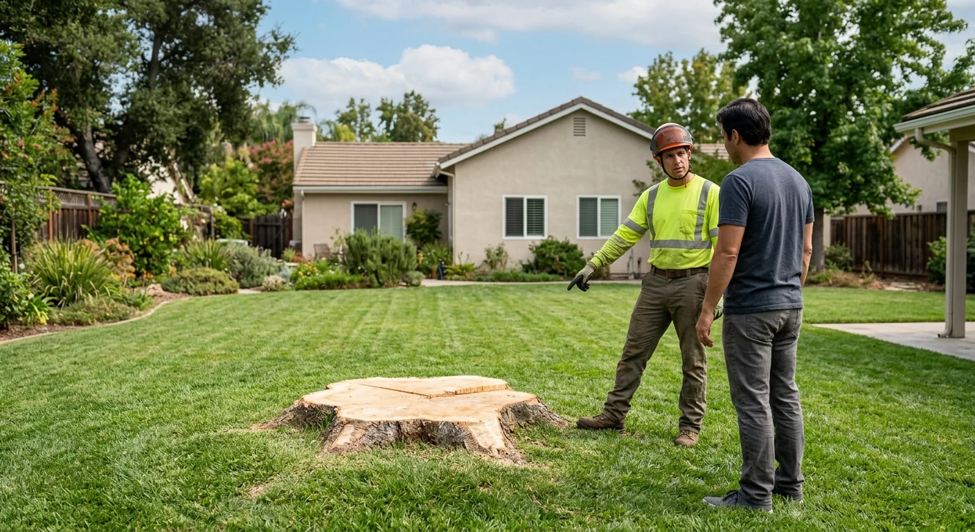 Clean finished backyard in Glendale after crane tree removal with flush-cut stump