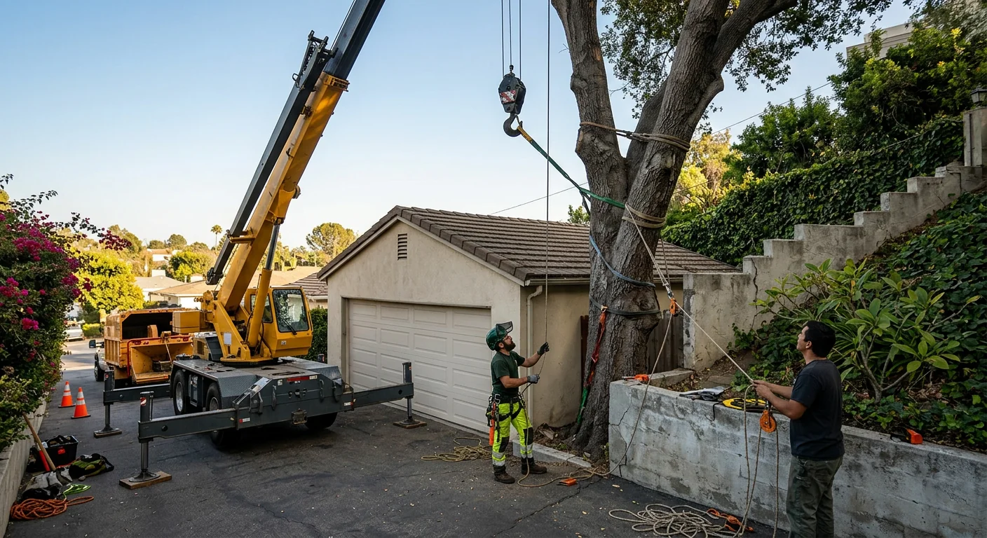 Crane positioned and rigging lines set before removing a tree in a tight-access yard