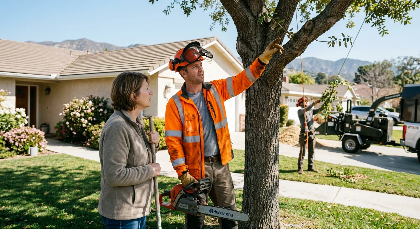 Arborist assessing a storm-damaged tree near a home in Glendale