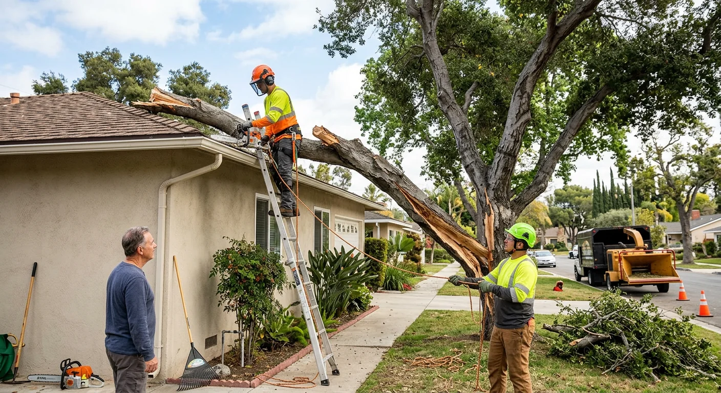 Large tree limb split and leaning against a Glendale home after storm winds
