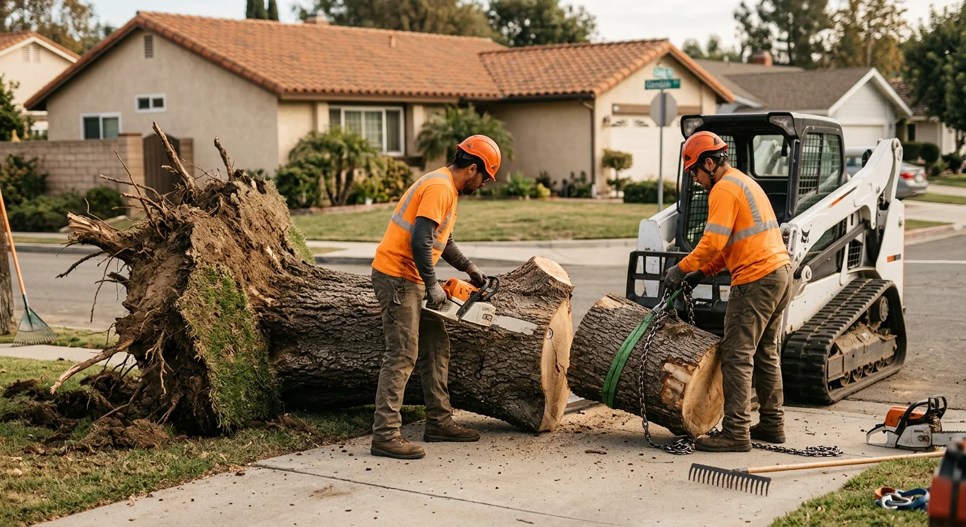 Uprooted trunk with exposed root plate blocking a residential driveway
