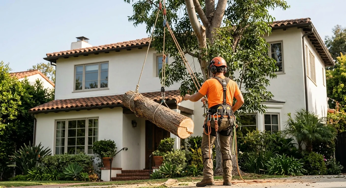 Arborist lowering trunk sections with rigging lines away from a two-story rooftop