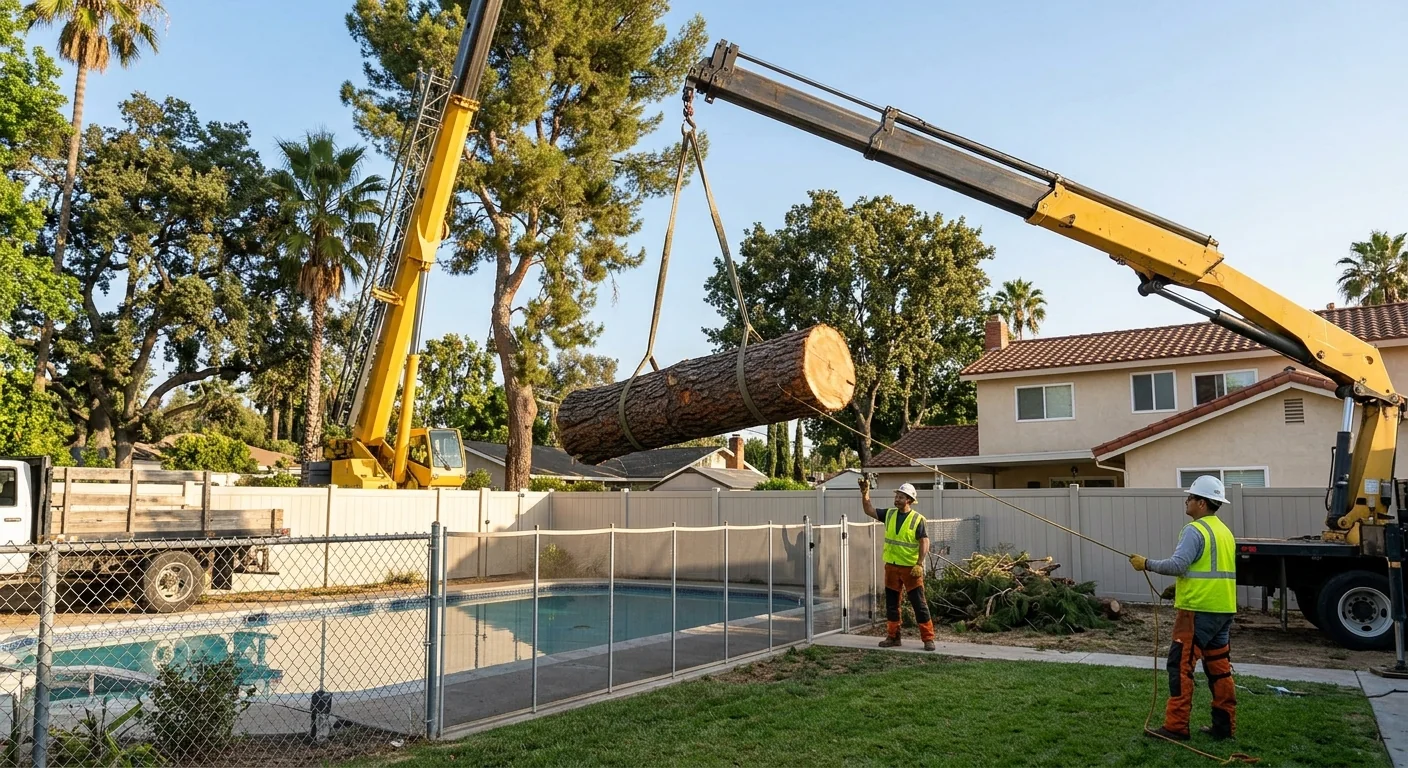 Crane lifting a heavy trunk section over a fenced backyard during removal