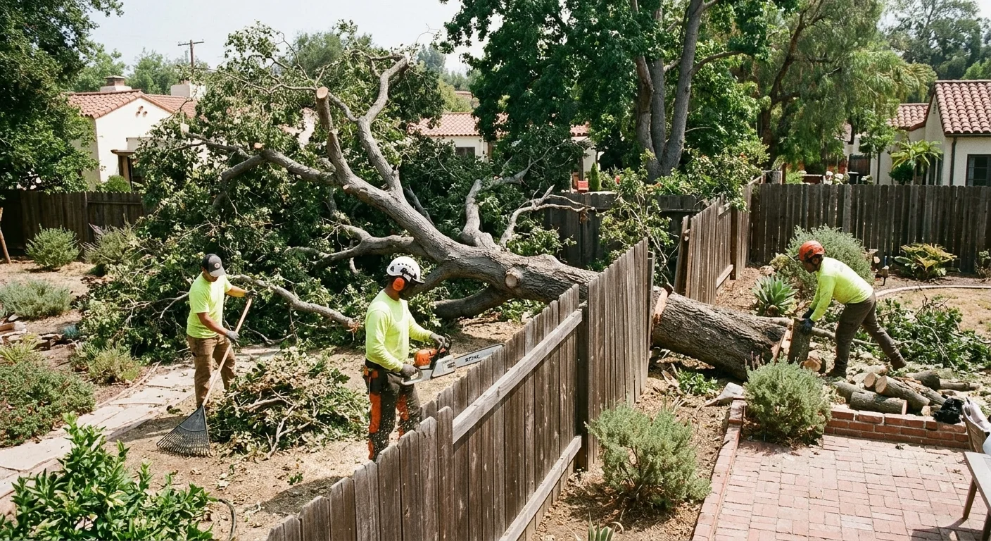 Fallen tree resting on a shared wood fence between two residential yards