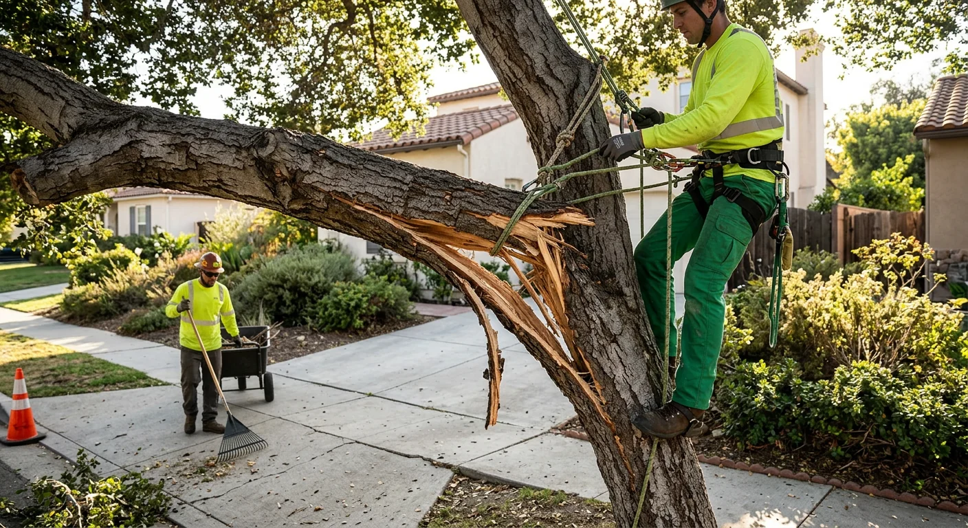 Close-up of a partially broken branch hanging suspended above a residential walkway
