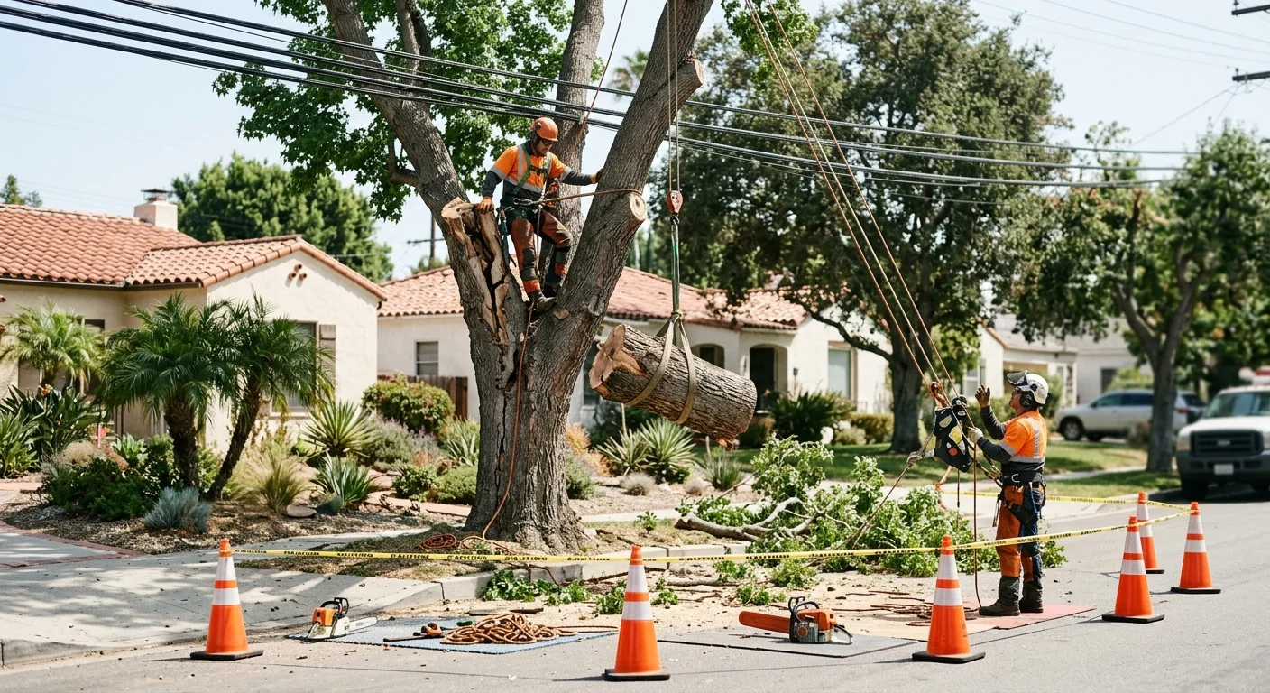Staged dismantling of a cracked hazardous tree near overhead utility lines