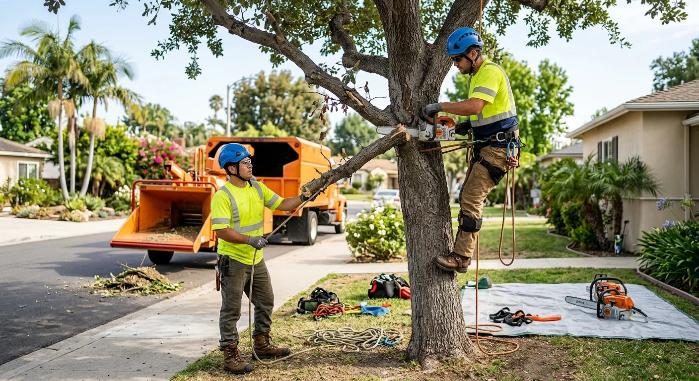 Arborist inspecting a leaning hazardous tree near a Glendale home before removal