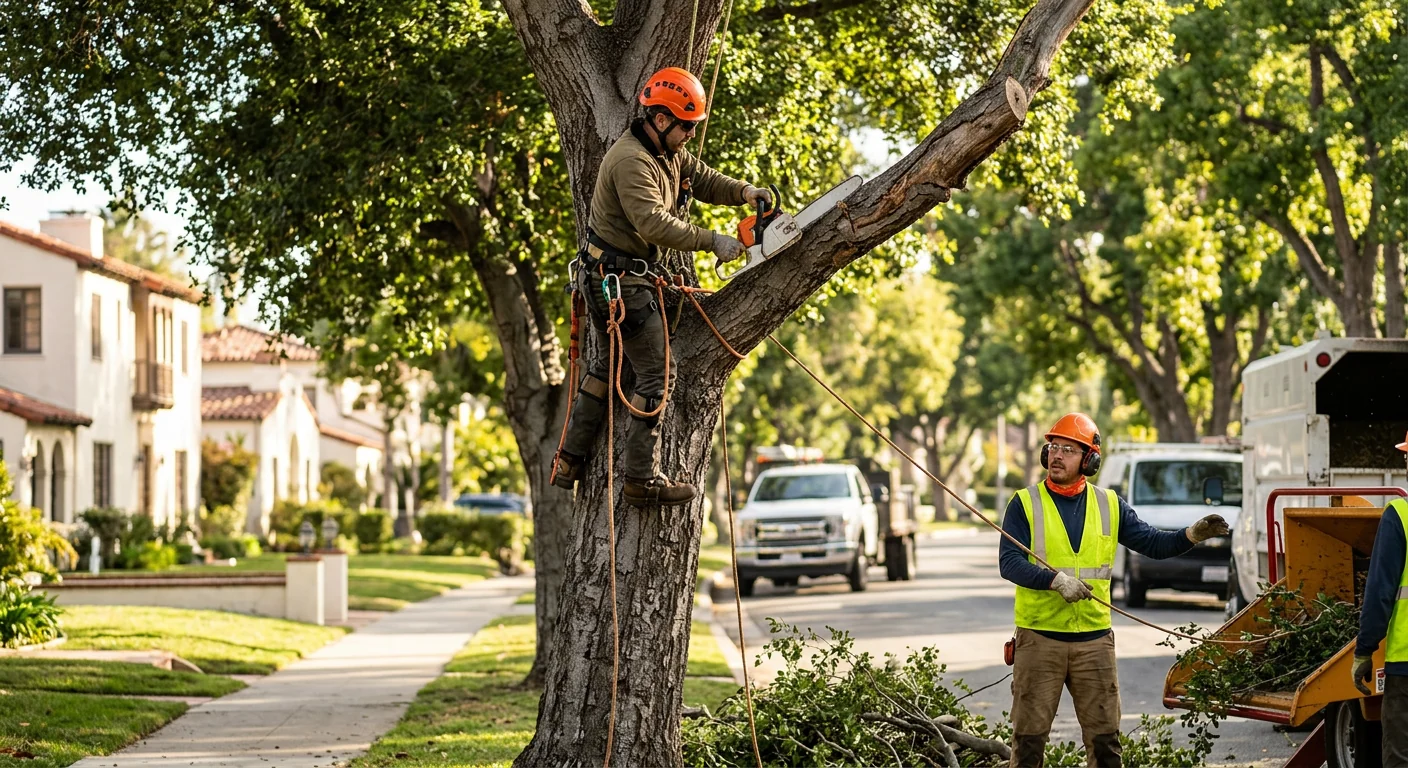 Arborist assessing a hazardous leaning tree beside a Glendale home
