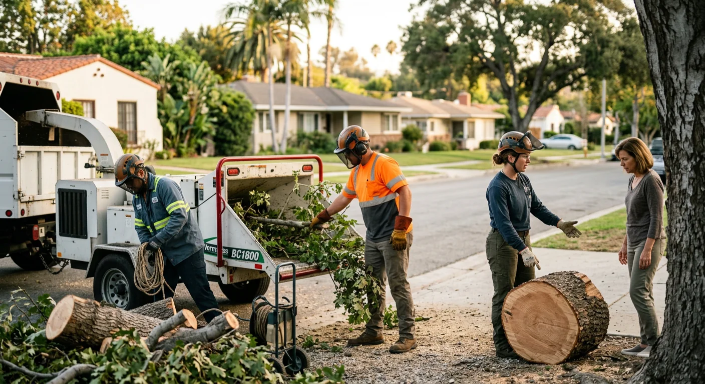 Arborist removing a leaning hazardous tree near a Glendale home