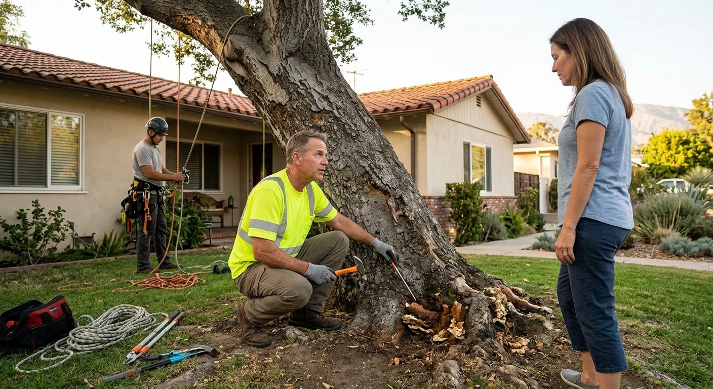 Leaning tree with visible root decay threatening a Glendale property