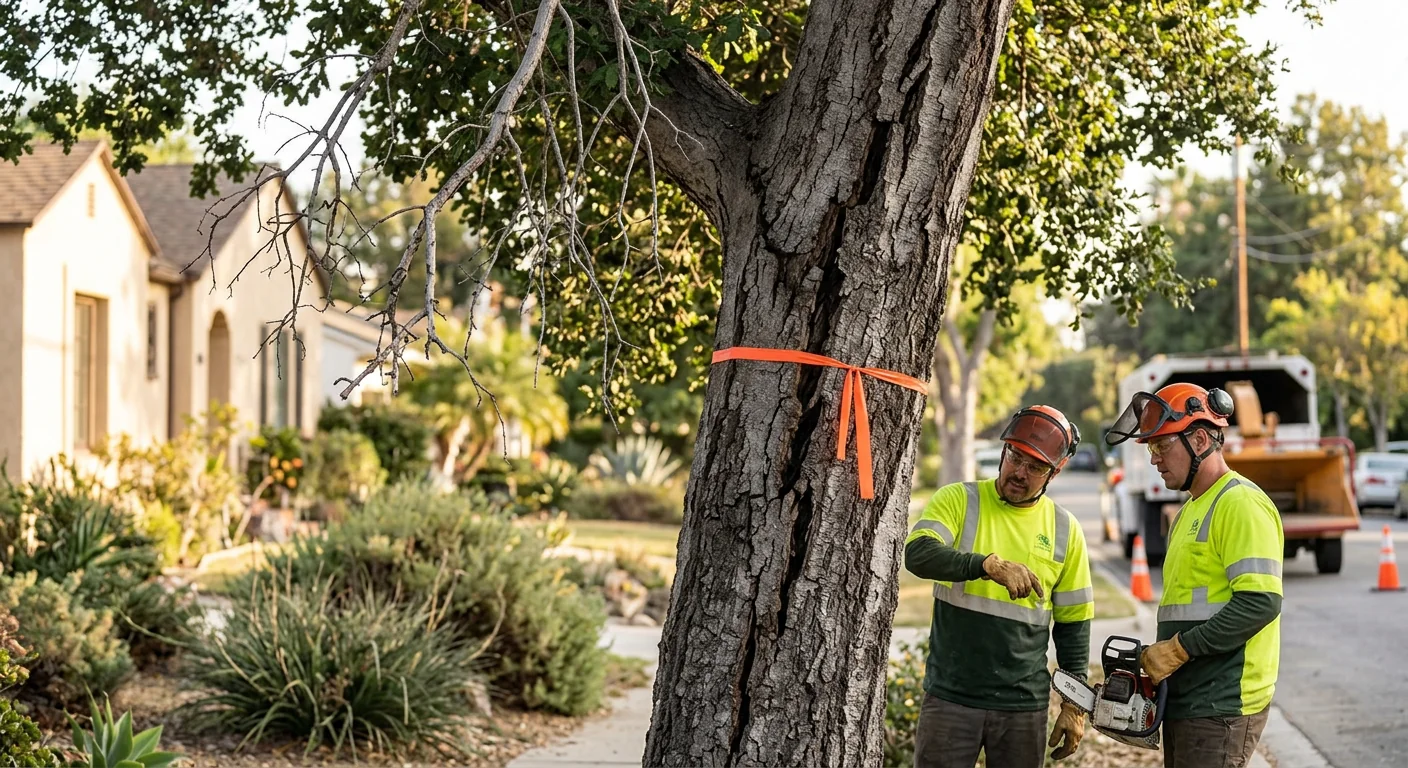 Dead limbs and trunk cracks marking a hazardous tree for removal
