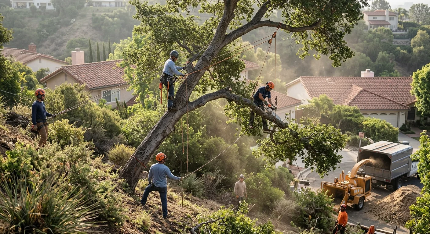 Arborists lowering a leaning oak section on a sloped Glendale hillside property
