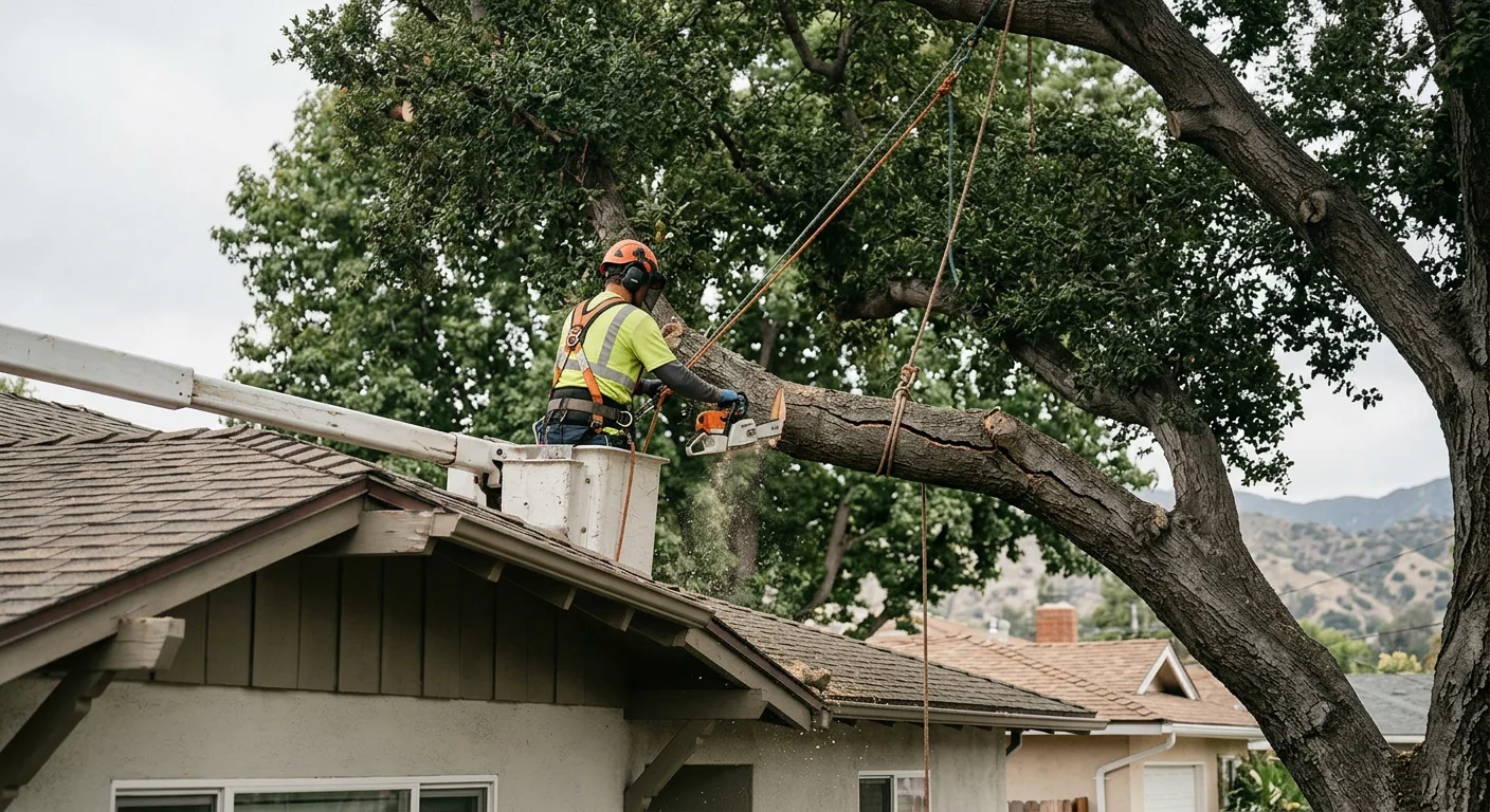 Arborist removing a storm-cracked limb hanging over a residential rooftop
