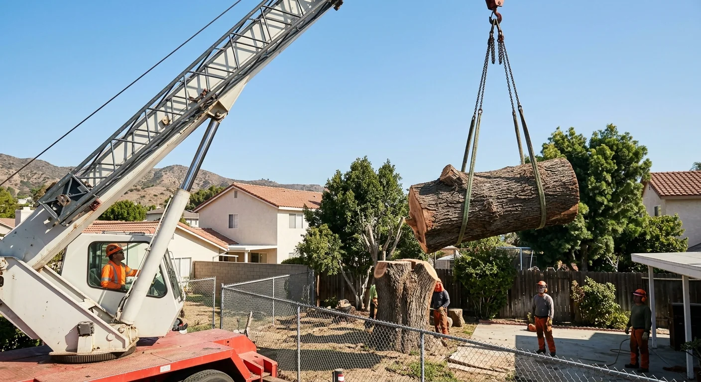 Crane lifting a cut tree section over a fenced backyard during removal