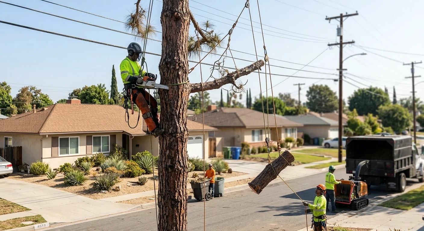 Sectional dismantling of a dead pine standing near overhead power lines