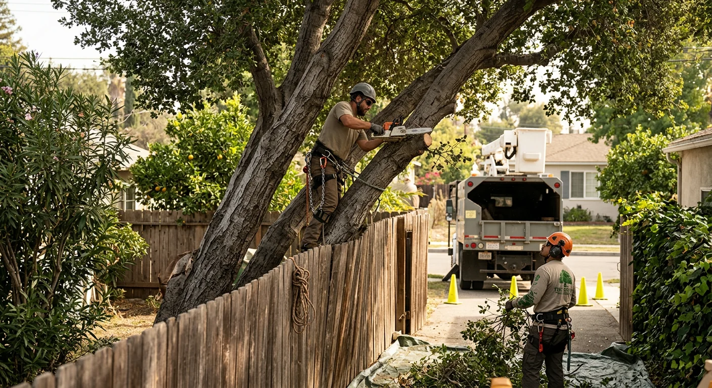 Leaning multi-trunk trees pressing against a shared fence line before removal