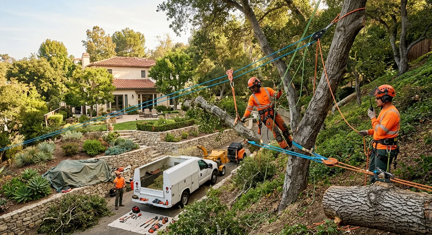 Rigging lines and blocks set for a controlled hillside tree takedown