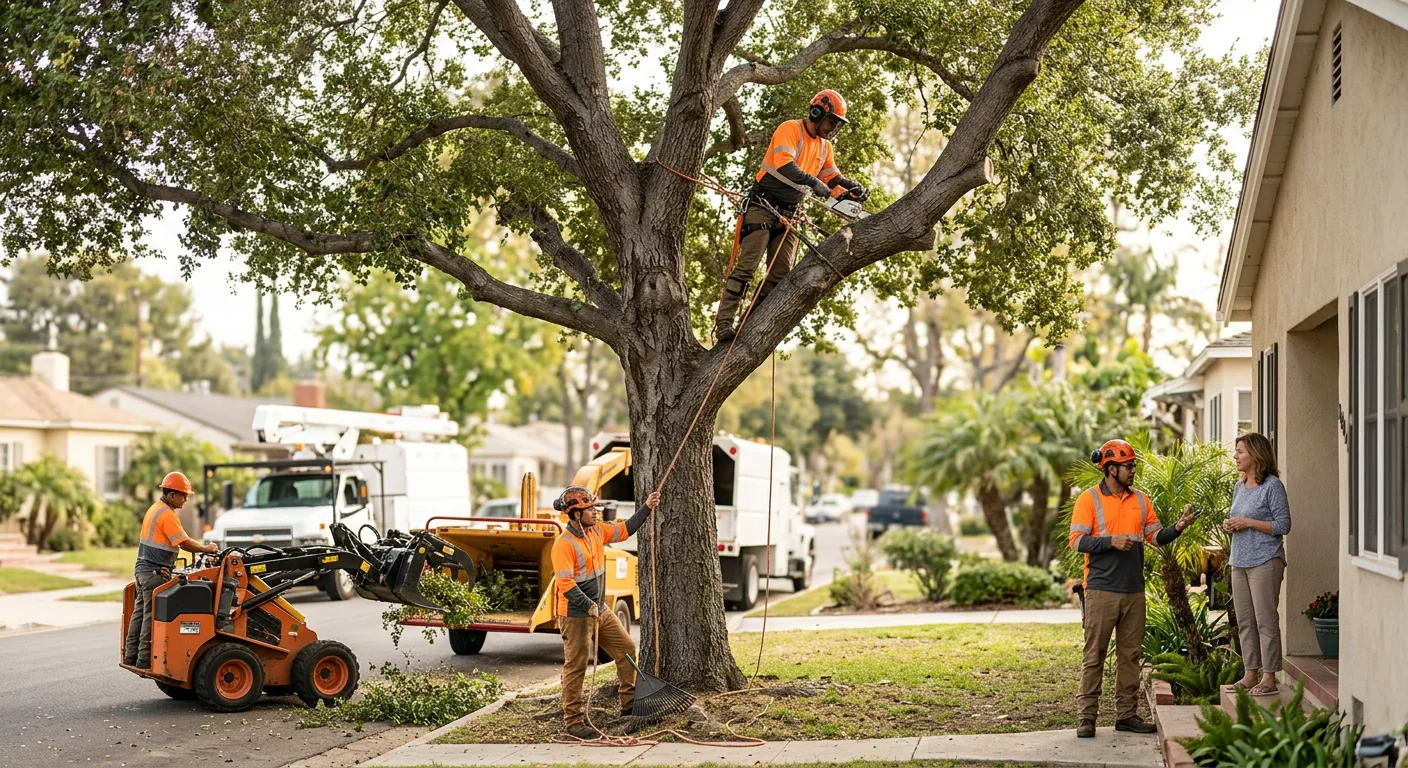 Crew safely removing a hazardous tree beside a Glendale home