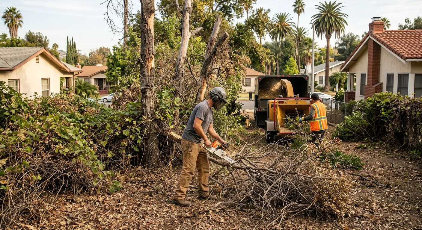Overgrown Glendale lot with dense brush and dead trees needing clearing