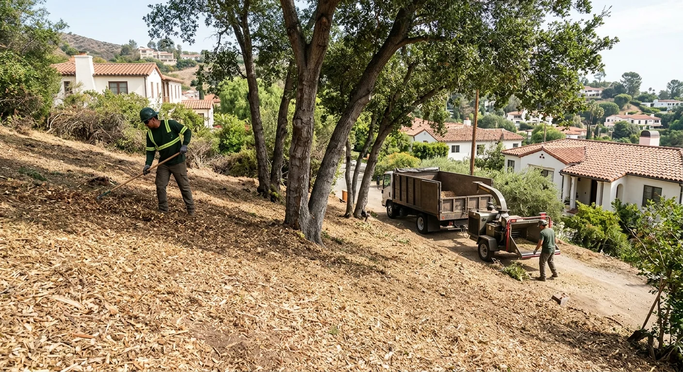 Cleared hillside residential lot with reduced brush and preserved oaks in Glendale