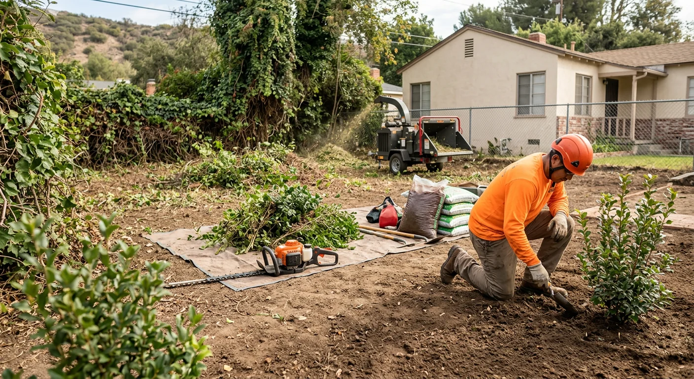 Overgrown backyard partly cleared with raked soil ready for replanting