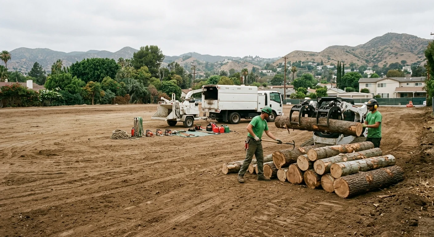 Cleared commercial building lot with graded soil and staged logs