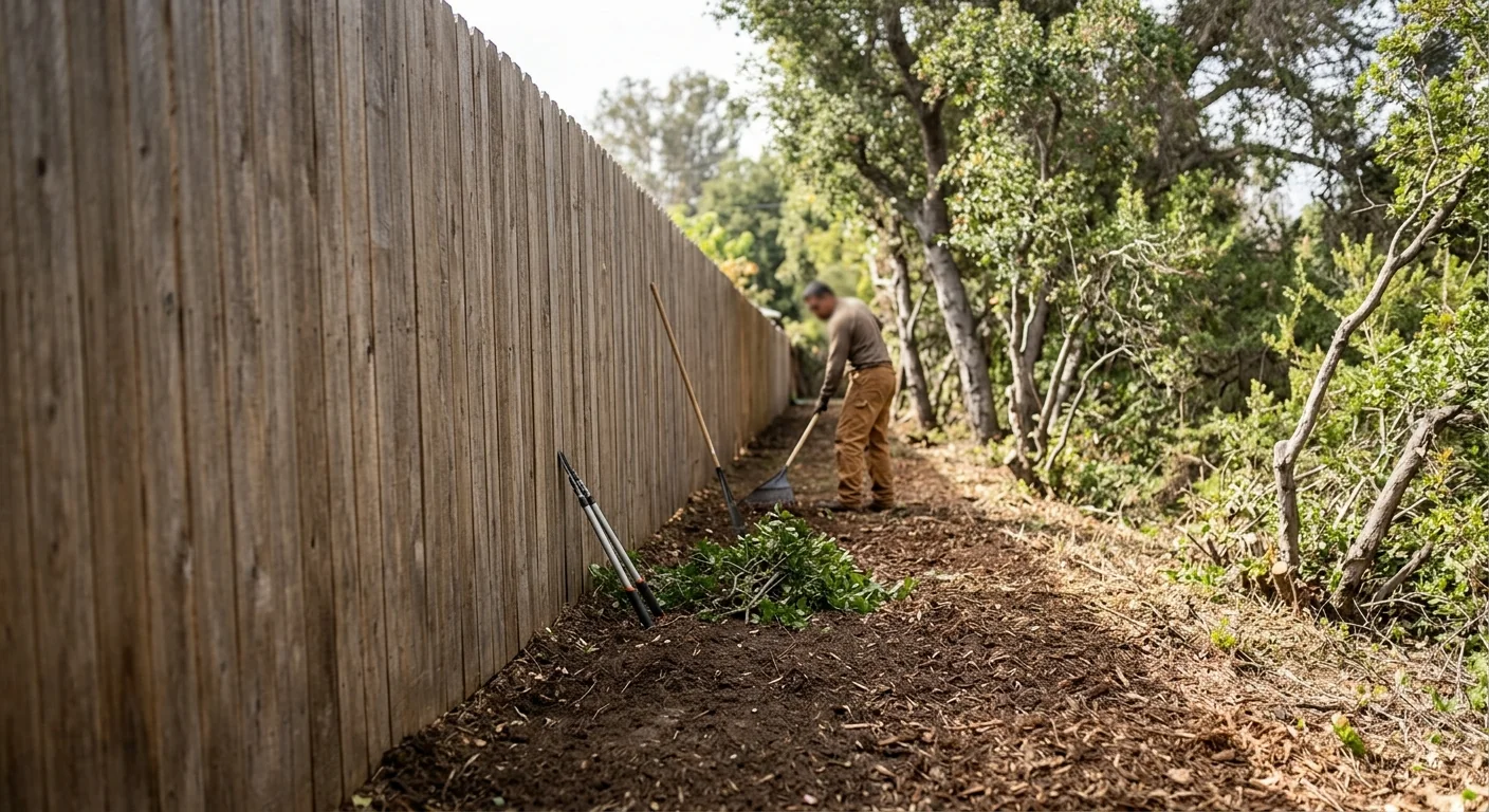 Cleared fence line corridor with brush removed along wooden property boundary
