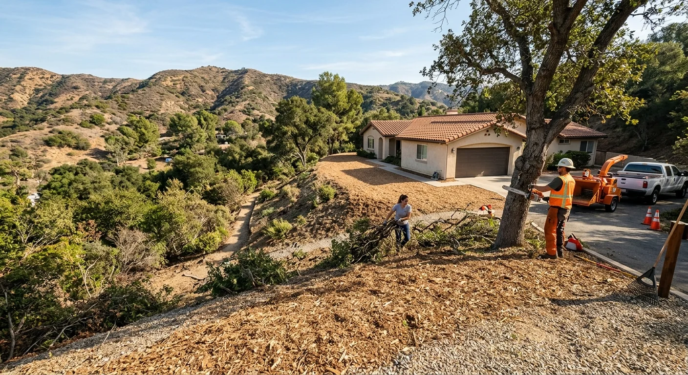 Home perimeter cleared for defensible space with thinned vegetation near Glendale hillside