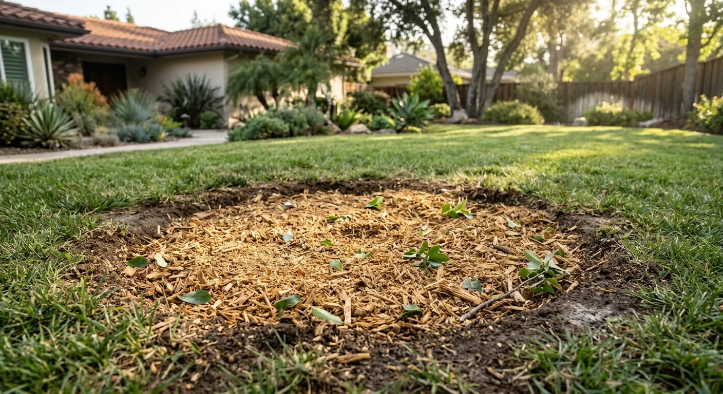 Stump ground below grade with wood grindings backfilled on cleared lot