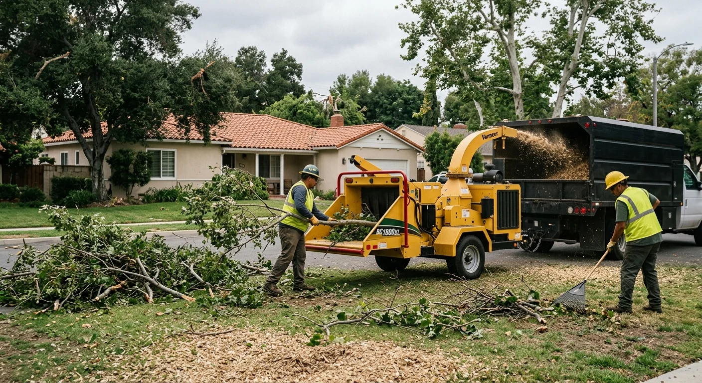 Storm debris cleanup with gathered branches and chipped material on cleared lot