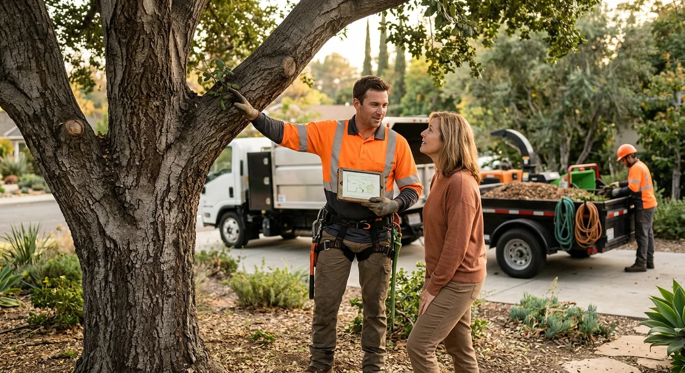 Arborist reviewing storm-damaged tree debris in a Glendale backyard for cleanup pricing