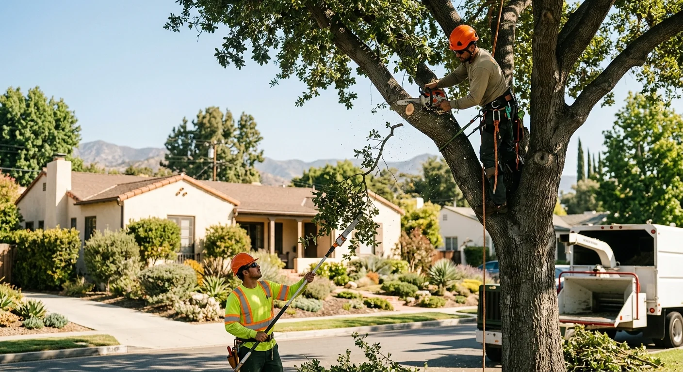 Crew clearing fallen storm-damaged tree limbs from a Glendale residential yard