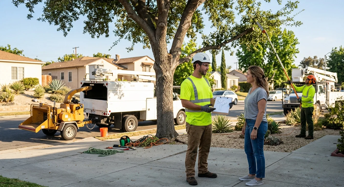 Crew clearing fallen storm-damaged tree limbs from a Glendale residential yard