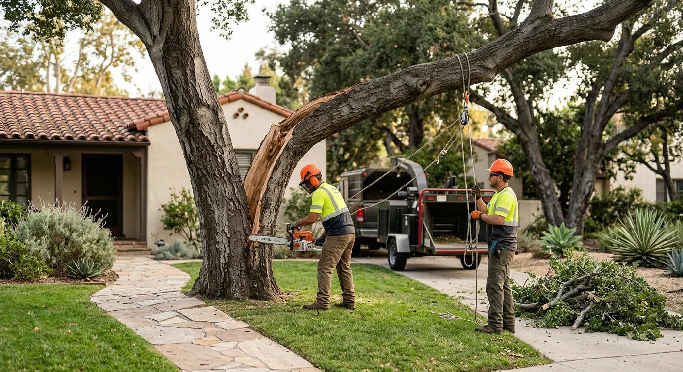 Split tree trunk and hanging limbs after a storm on a Glendale property
