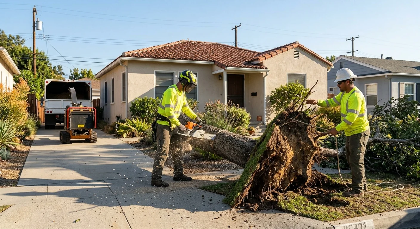 Uprooted tree with exposed root plate blocking a Glendale driveway