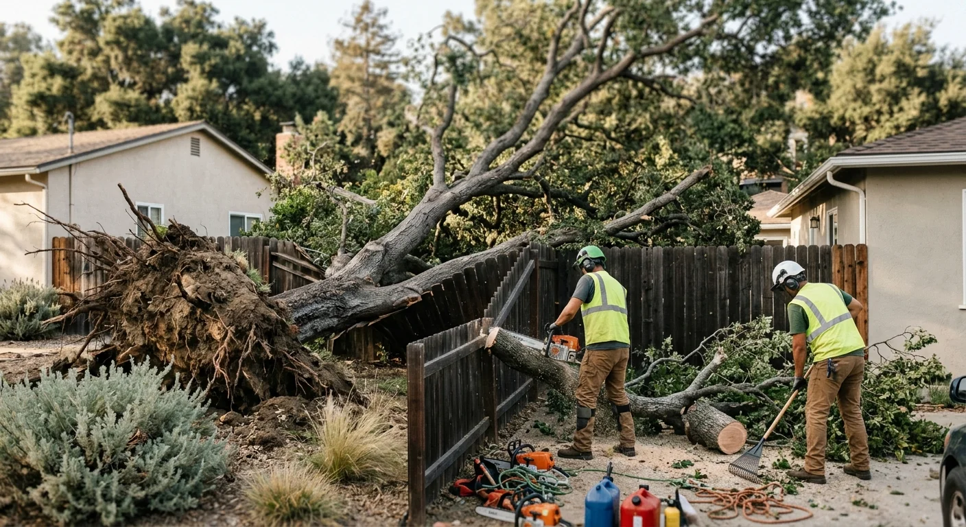 Crew clearing a large uprooted oak resting on a backyard fence in Glendale