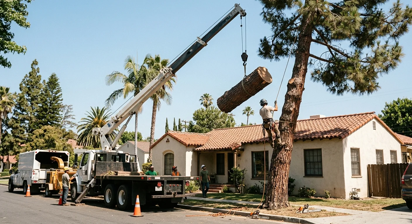 Crane lifting a cut pine section safely away from a residential rooftop