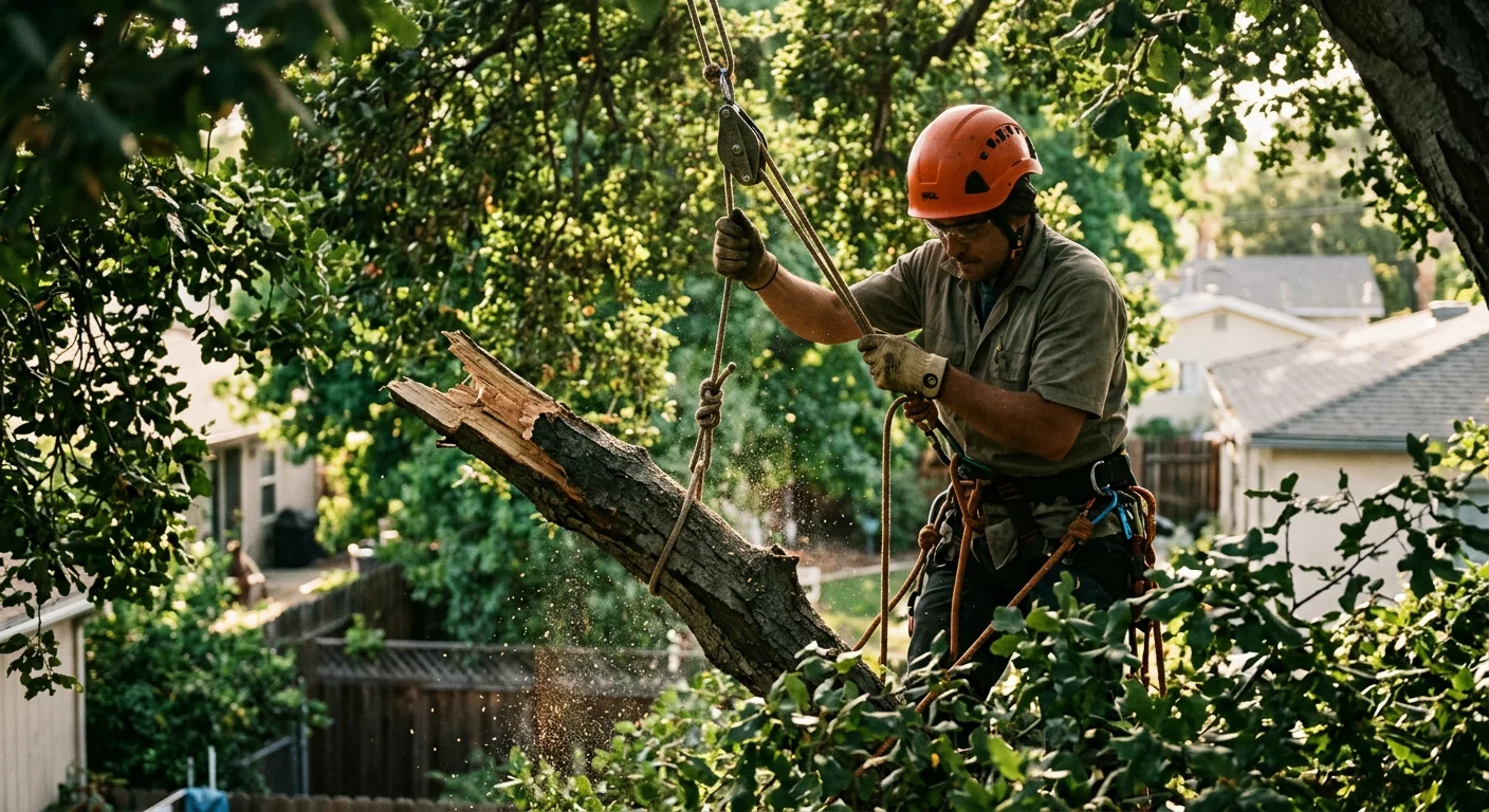 Arborist rigging and lowering a fractured canopy limb with ropes in a yard