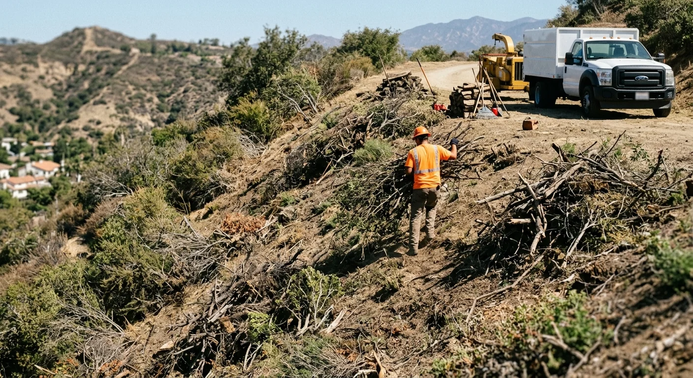 Crew clearing storm debris and brush from a sloped hillside property lot