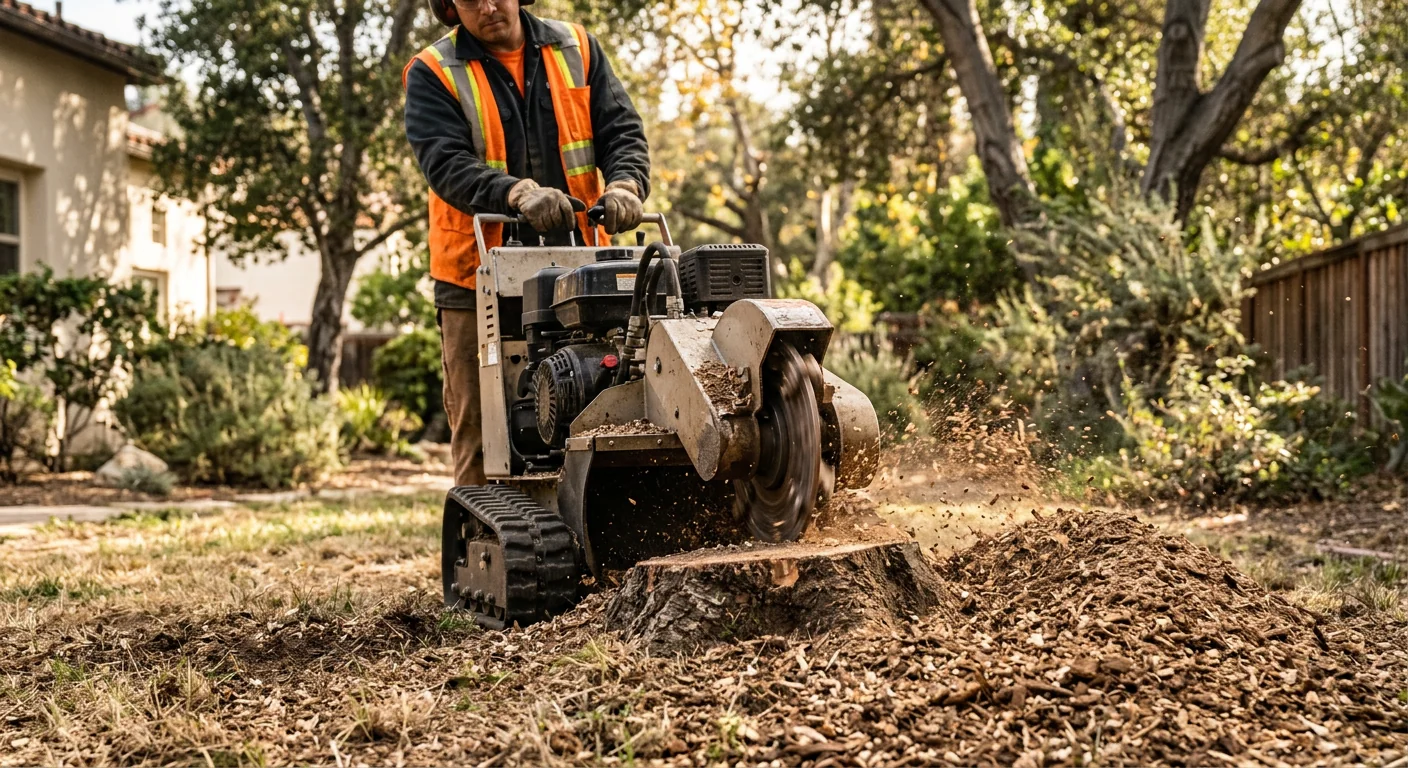 Stump grinder reducing a tree stump below ground level in a residential yard