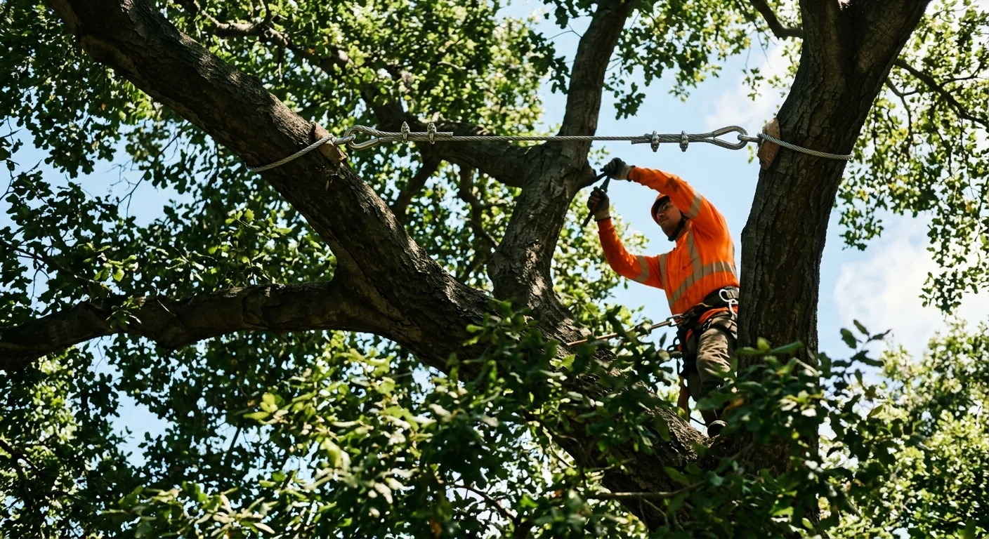 Support cabling installed high in a tree canopy to stabilize a weak branch union